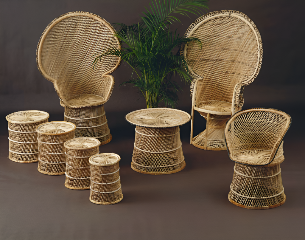 Luxury outdoor furniture set with sustainable rattan chairs and tables for eco-friendly décor.