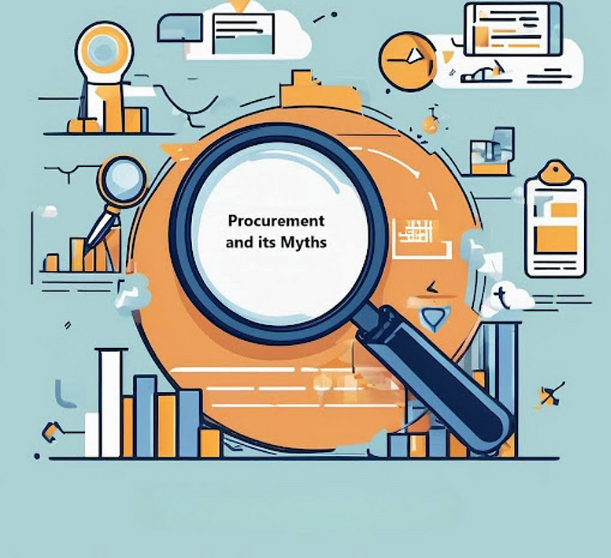 Text 'Procurement and its Myths' with a magnifying glass and charts, representing industrial procurement insights.